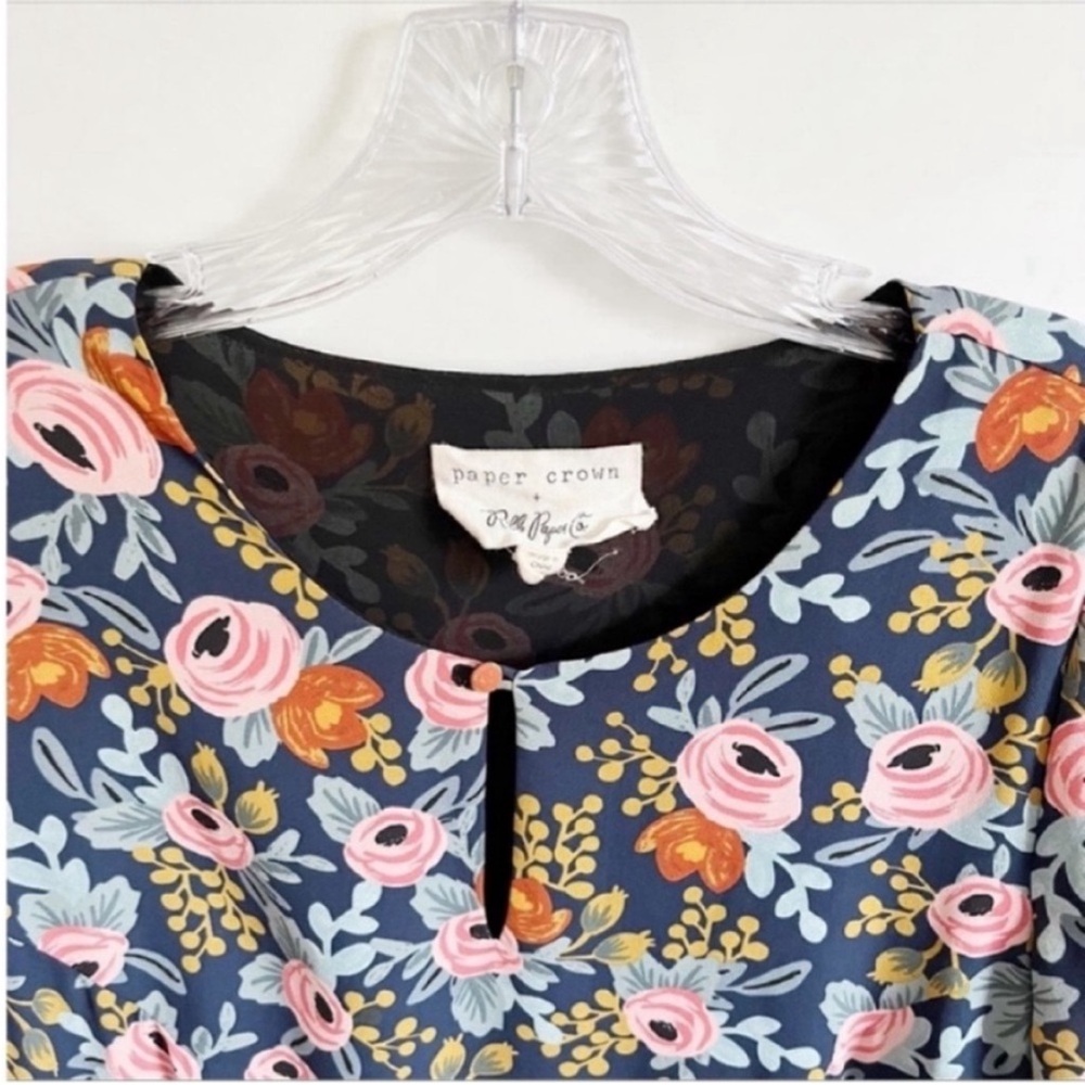 Anthro Paper Crown Rifle Paper Co Efflorescence swing dress floral blue pink - Picture 6 of 10